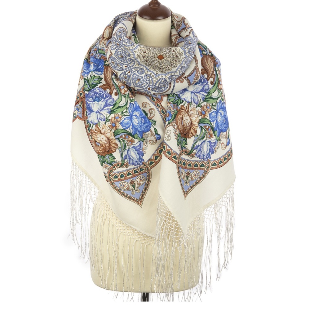 Princess Pavlovo Posad Wool Shawl with silk fringe, 58x58. NWOT
